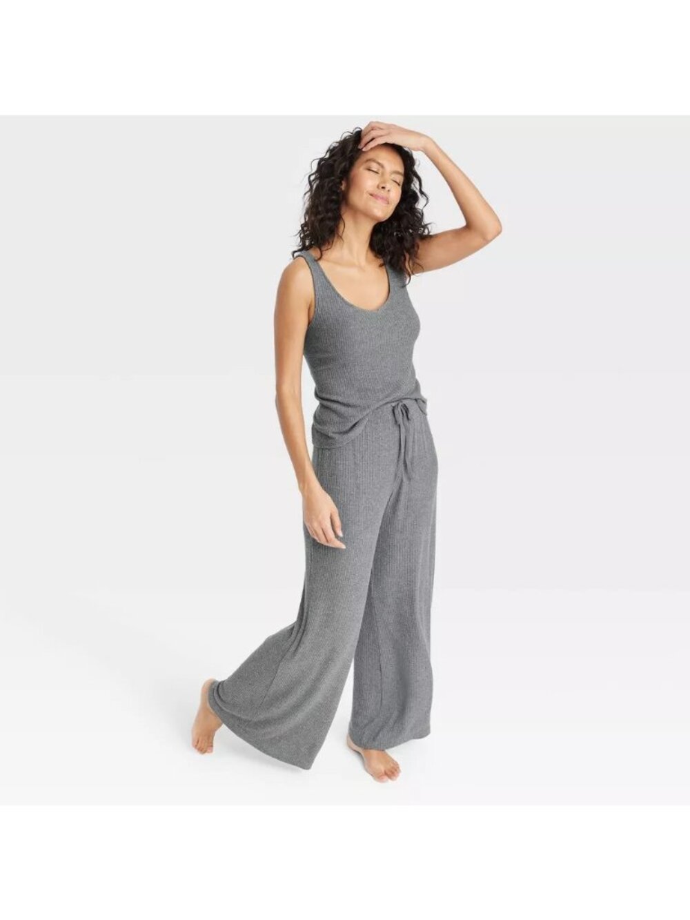 Auden Pants Women Small Grey Ribbed Wide Leg Cozy Relaxed Fit Elastic Waistband